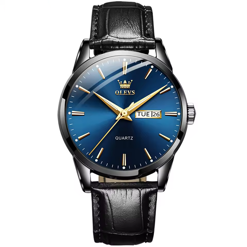 Relógio masculino de quartzo Olev com pulseira de couro genuíno - Aprova dagua